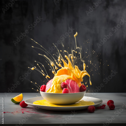 Ice Cream Mockup with Yellow Sauce Splash and Raspberries