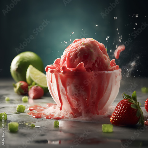 Strawberry Ice Cream Scoop Mockup in Glass Bowl