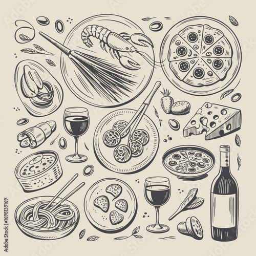 Hand-drawn sketch of Italian food and wine with ingredients and tableware Keywords: food, Italian