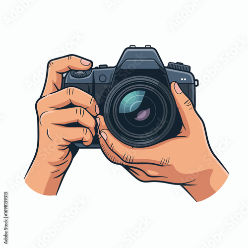 Hands holding a digital SLR camera for photography illustration vector