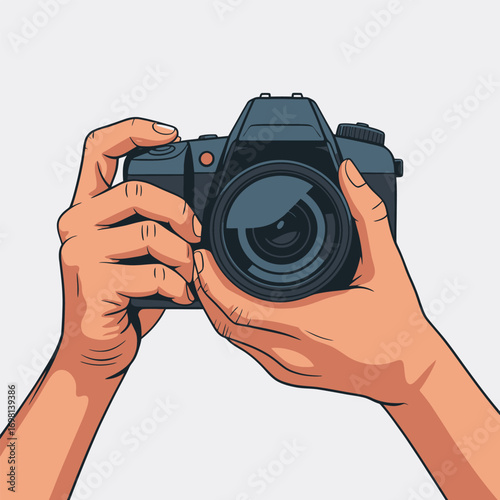 Hands holding aDSLR camera with a focus on the lens and controls photography DSLR