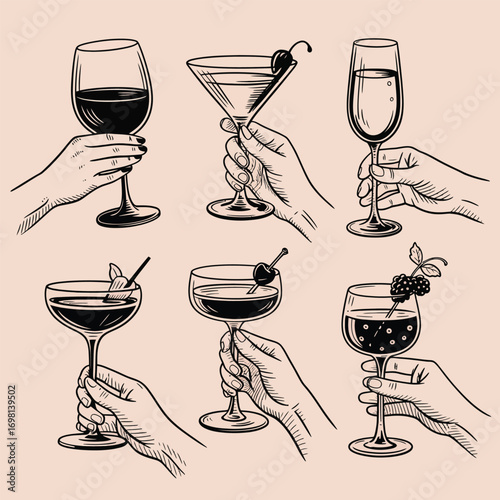 Hands holding various cocktail glasses with garnishes wine