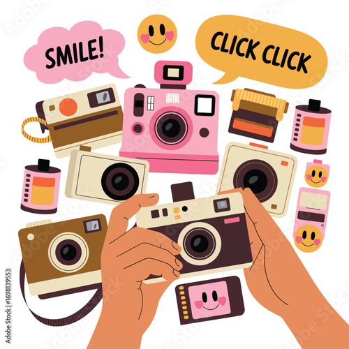 Hands holding vintage cameras with film rolls and smiley faces photography