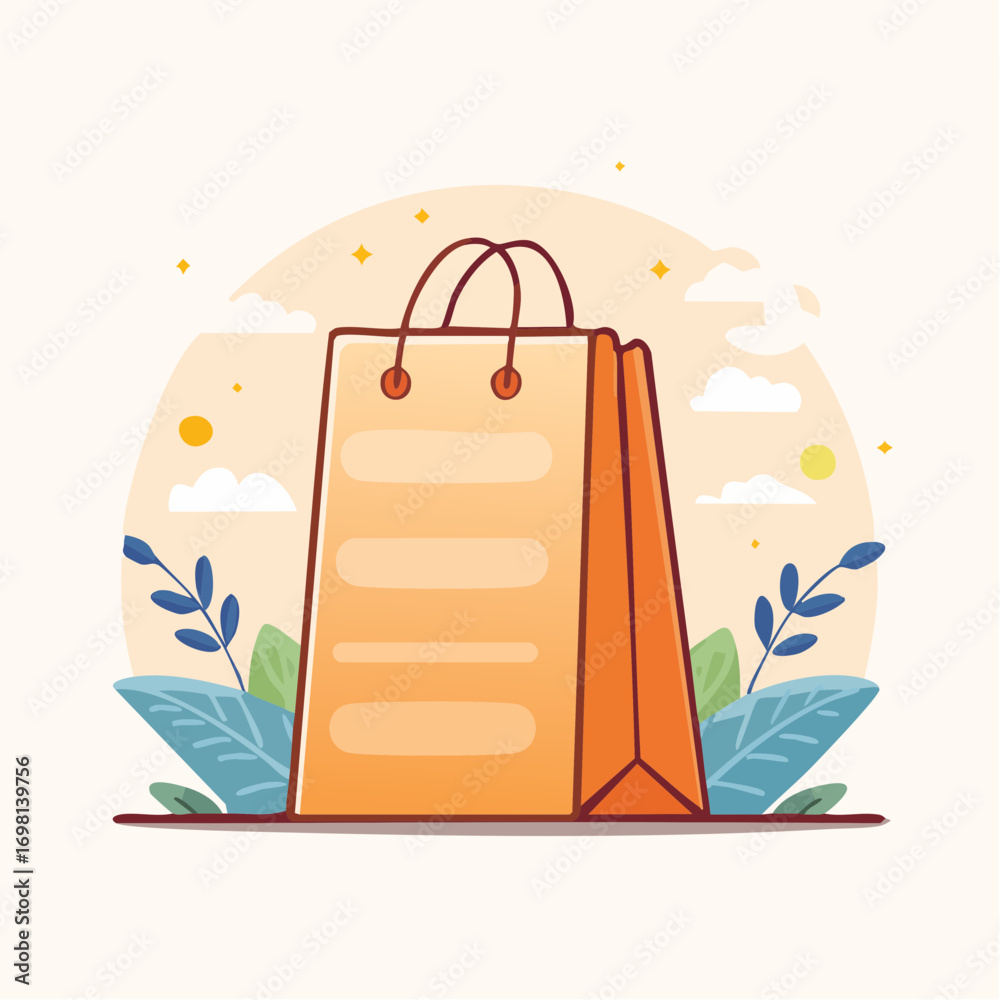 Fototapeta premium Beige Shopping Bag on Ground with Blue and Green Foliage