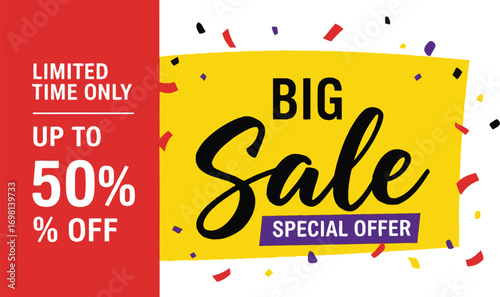 Big sale announcement with up to 50% off and confetti celebration
