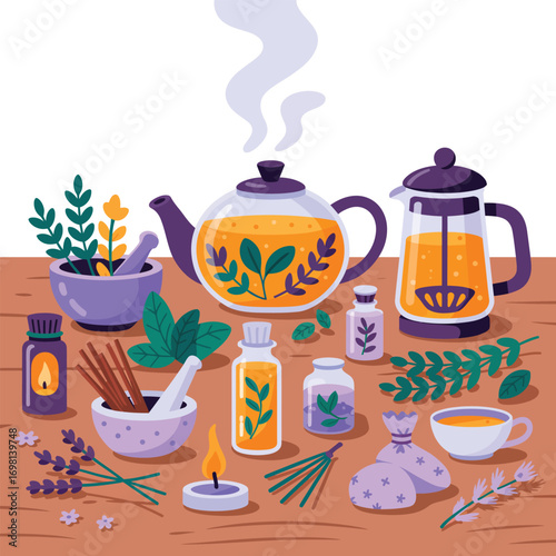 Herbal tea ingredients and brewing equipment on a wooden surface Keywords: herbal tea, teapot