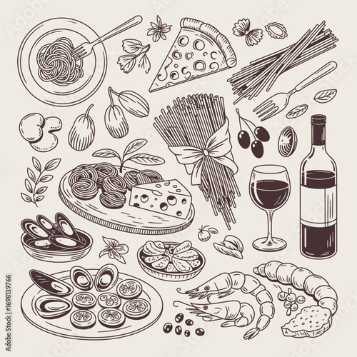 Italian cuisine ingredients and dishes in a hand-drawn sketch style Keywords: italian food