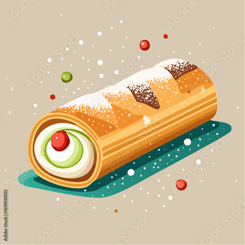 Pixel Art Cream Roll Pastry Dessert With Festive Red and Green Candies