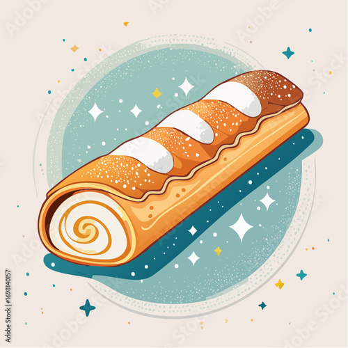 Sweet Dessert Roll Cake Creamy Filling Illustration Light Blue Background Sprinkles Stars