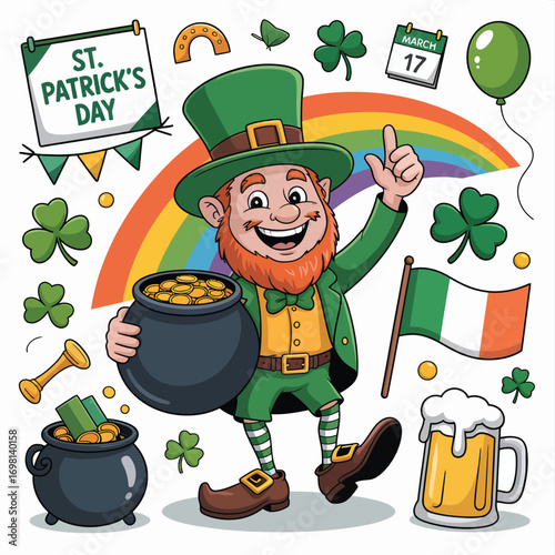 Leprechaun with pot of gold and Irish flag for St Patricks Day rainbow