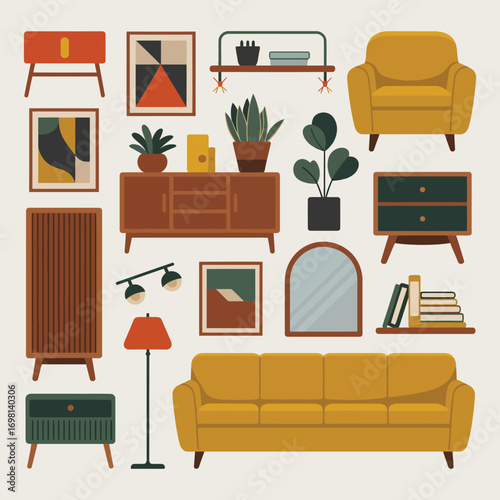 Mid century modern furniture and decor pieces in a curated arrangement sofa armchair