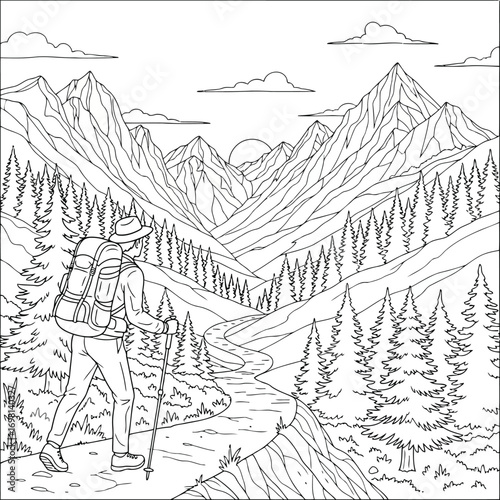 Hiking Through Majestic Mountains Adventure Coloring Page for Nature Lovers