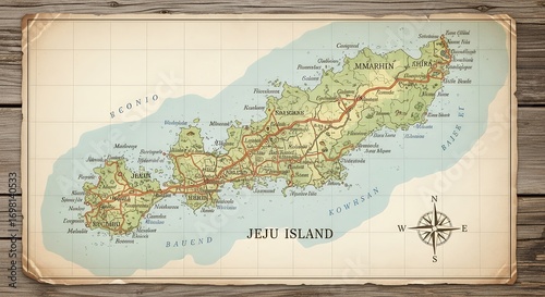 Vintage Map of Jeju Island with Wooden Frame and Compass Rose