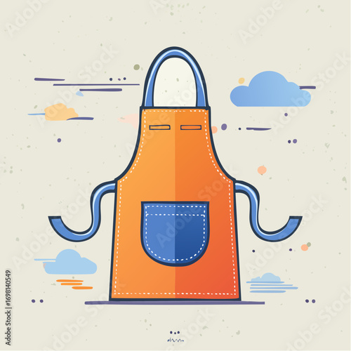 Orange Apron With Blue Pocket On Light Beige Background
