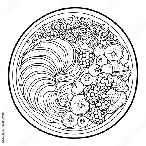 Outline illustration of smoothie bowl with fruits and granola toppings