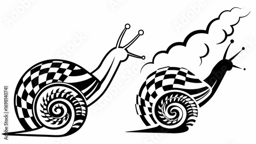 Two snails with checkered shells and spiral patterns in black and white monochrome illustration style art silhouette