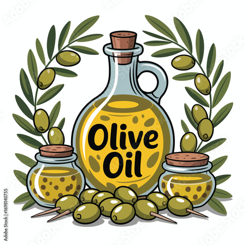 Olive Oil Bottle and Jars Surrounded by Olive Branches and Olives Keywords: olive oil, bottle