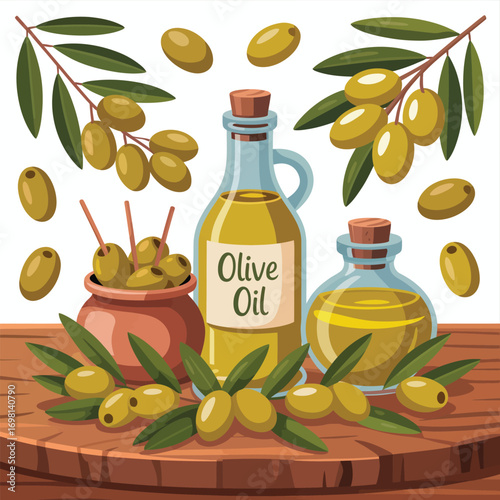 Olive Oil Bottles and Olives on a Wooden Surface Keywords: Olive oil, olives, olive branches, oil