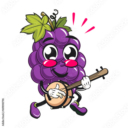 cute grape fruit mascot character vector illustration playing the banjo musical instrumen, work of hand drawn