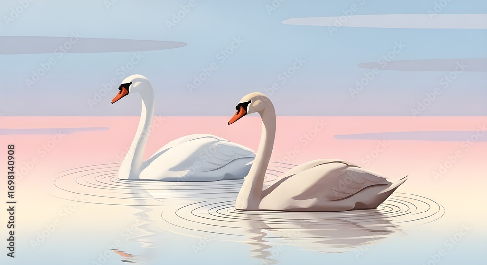 Fototapeta premium Elegant swans gliding on serene water, bathed in soft pastel light at sunset, perfect for romance concept