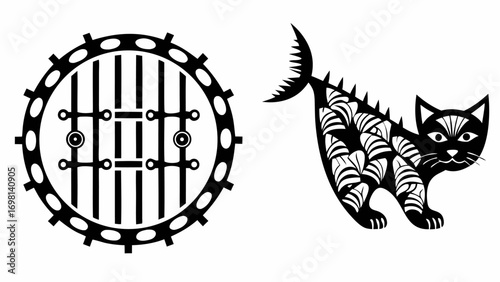 Illustration of a barred circular gate and a stylized cat with patterned body in black and white drawing silhouette