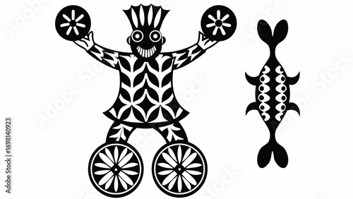 Stylized figure holding floral wheels and standing on wheels next to a patterned fish in black and white silhouette