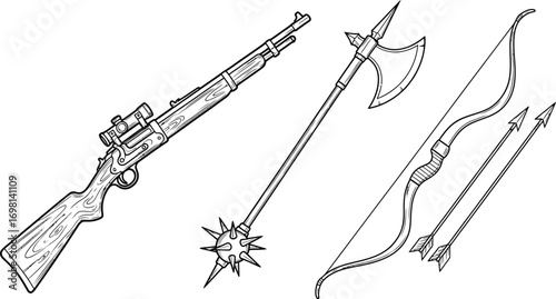 Collection of historical and modern weapons, from ancient to contemporary combat tools