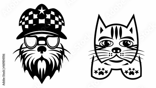 Illustration of a dog with a checkered hat and glasses next to a cat with stars on its paws silhouette