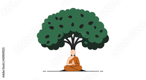 A monk sits in meditation under a large tree