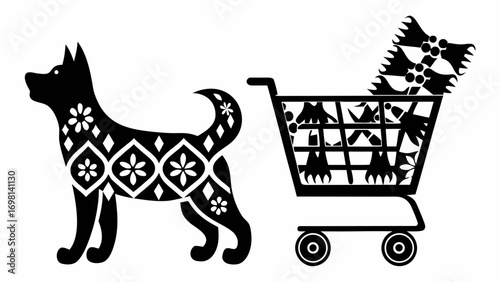 Stylized dog with floral patterns stands next to a shopping cart filled with decorative items in black and white silhouette