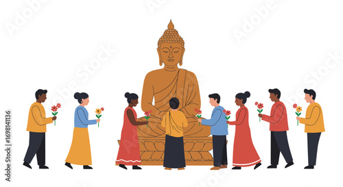 People offer flowers to a large statue of Buddha
