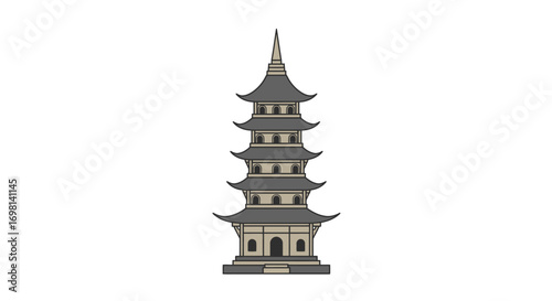 A multistory pagoda with dark grey roofs and tan walls