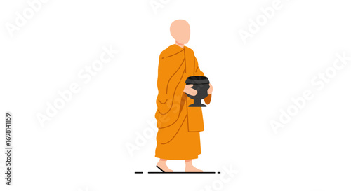 Buddhist monk in orange robes holds a black alms bowl