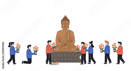 People offering flowers to a seated Buddha statue