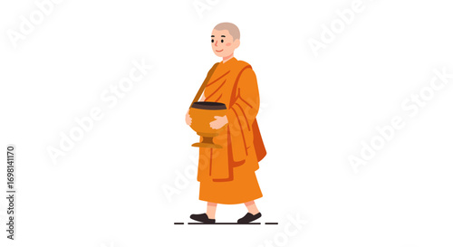 Buddhist monk in orange robes carrying a bowl