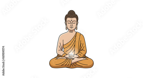 A seated Buddha figure in meditation with a faint glow