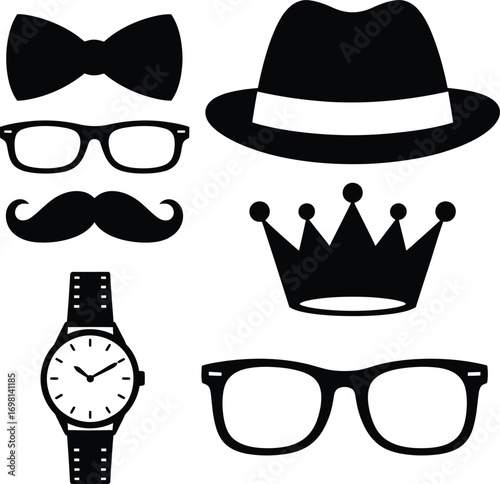 Silhouette vector graphic of father's day elements including hat glasses mustache and bow tie design