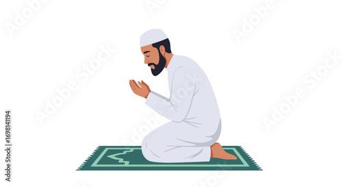 Muslim man in white clothing praying on a rug