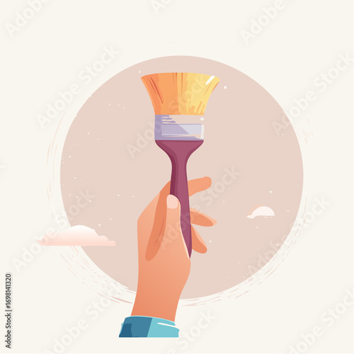 Hand Holding Paintbrush With Round Pink Backdrop