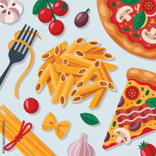 Overhead view of Italian food ingredients including pasta pizza and garlic penne spaghetti