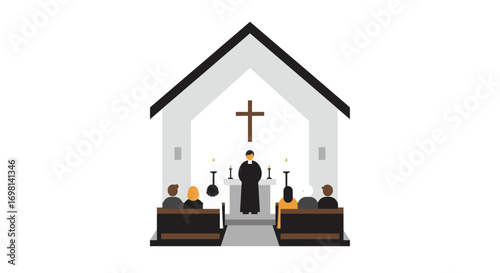 A church interior with a priest at an altar and congregants seated