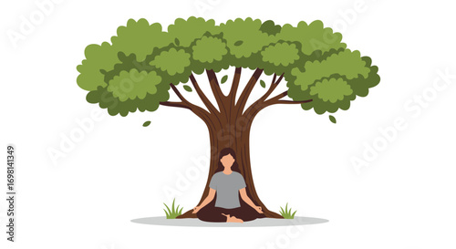 Person meditates under a large tree