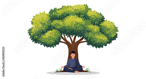 A person meditates crosslegged under a large green tree