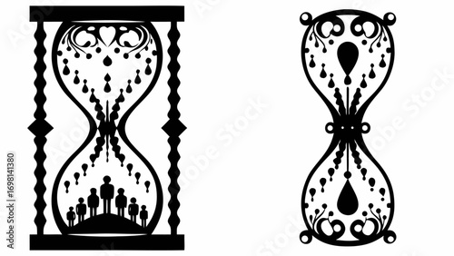 Two hourglasses with decorative elements and human figures inside one, black and white illustration design silhouette