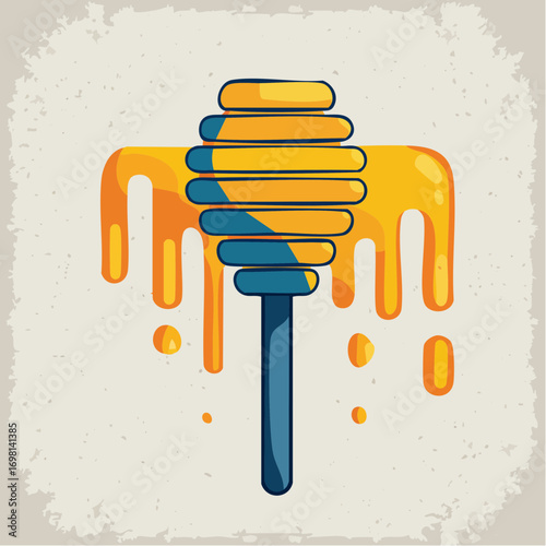 Honey Dipper with Dripping Golden Honey on Textured Background