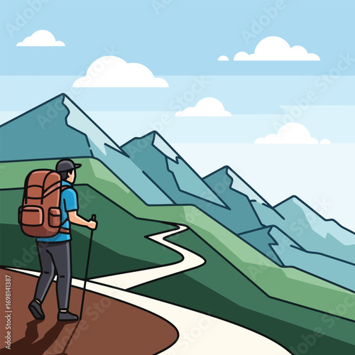 Illustrative Scene of a Hiker Ascending a Winding Mountain Path with Backpack
