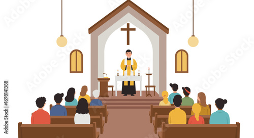 A priest stands at an altar during a church service with a congregation
