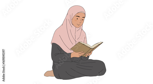 A woman in a pink hijab reads a book