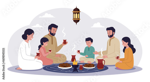 Family sharing tea and dates during Ramadan