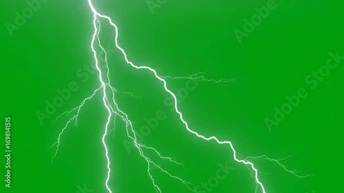Lightning Thunder over a solid green background. 4k resolution white Strike of Electric Thunderstorm Overlay on chroma key. Editable Graphic for Dramatic Storms and Bad Weather 